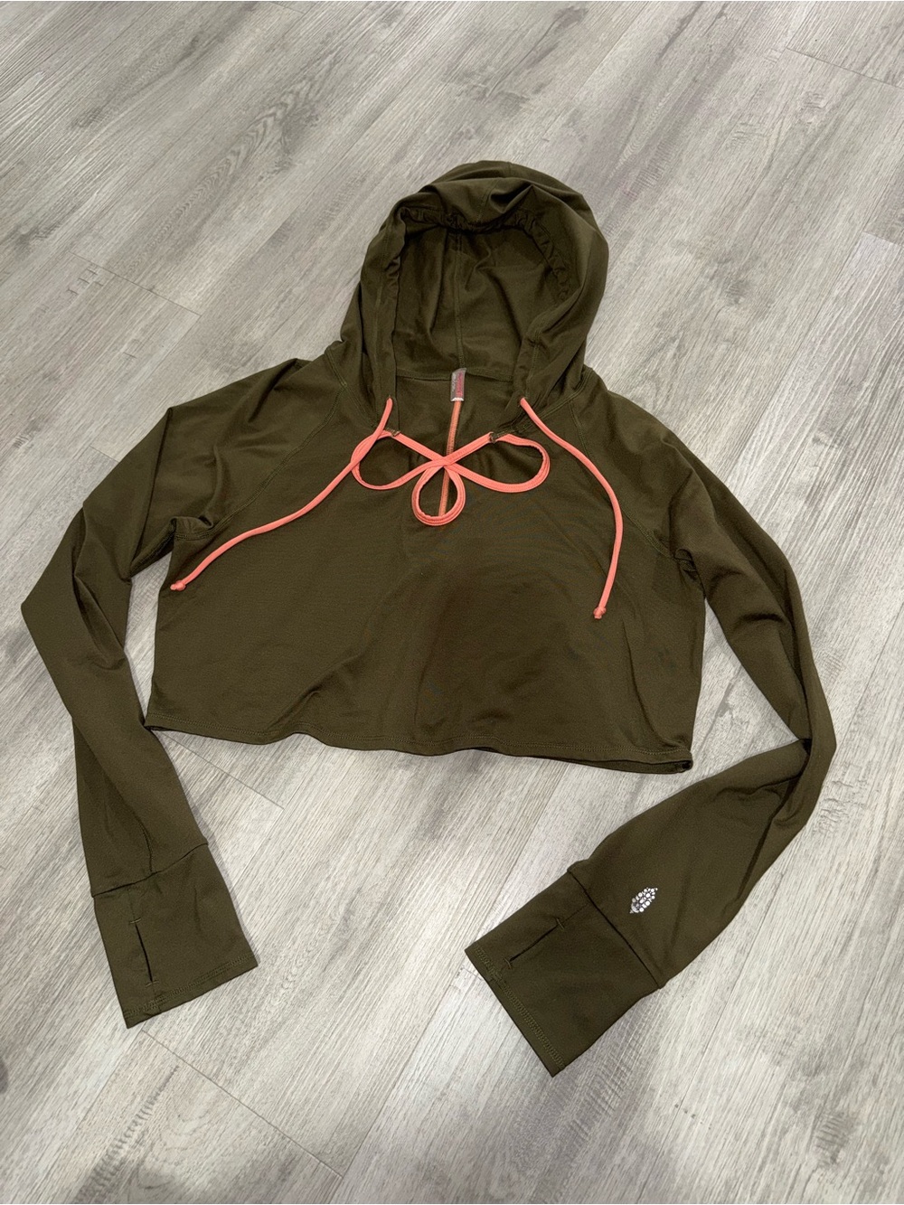 Free People Olive Cropped Hoodie with Coral Drawcords - Women Tops